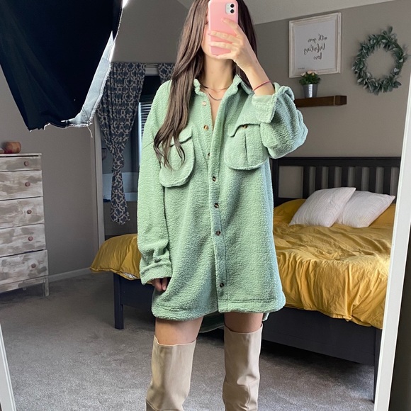 Green Teddy Button Down Top - Picture 2 of 3